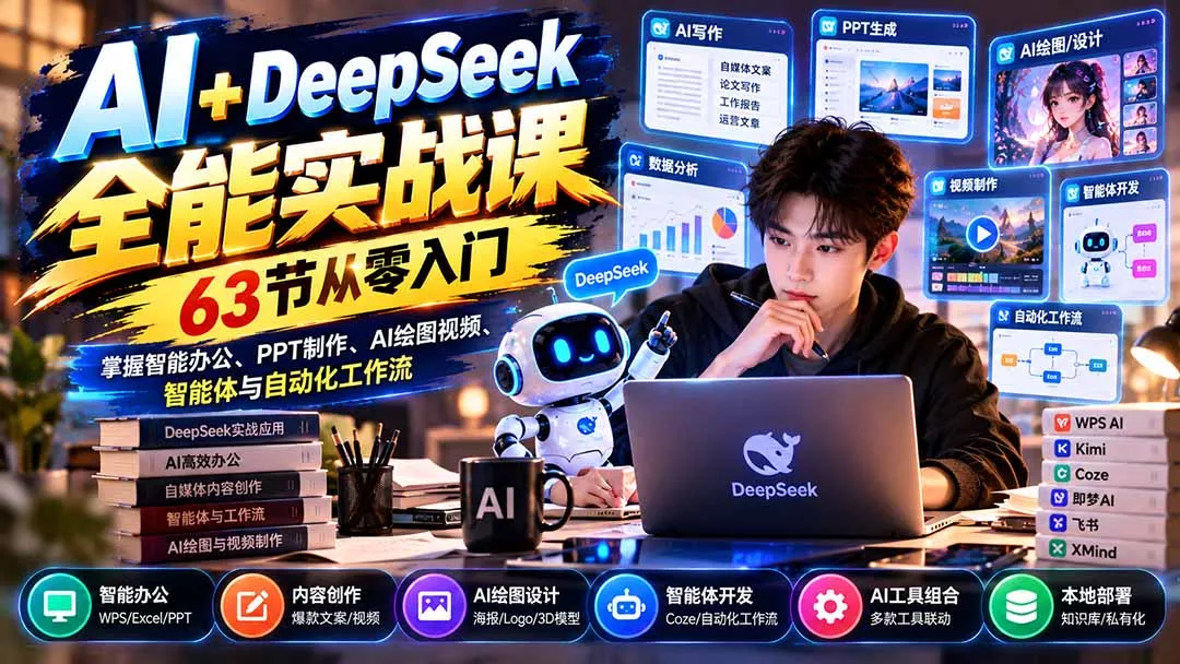AI+DeepSeek全能实战课:63节从零入门,掌握智能办公、PPT制作、AI绘图视频、智能体与自动化工作流祝你网--专注互联网创业.信息差副业研究拒绝割韭菜祝你网
