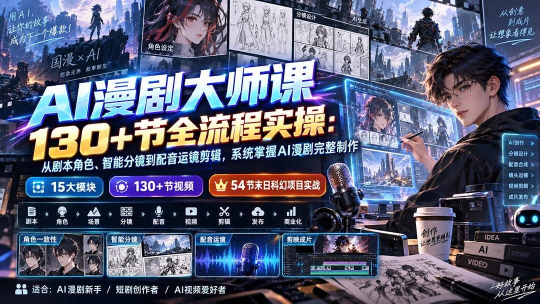 (20326期)AI漫剧大师课130+节全流程实操:从剧本角色、智能分镜到配音运镜剪辑,系统掌握AI漫剧完整制作祝你网--专注互联网创业.信息差副业研究拒绝割韭菜祝你网
