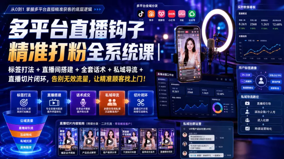 多平台直播钩子精准打粉全系统课|标签打法+直播间搭建+全套话术+私域导流+直播切片闭环,告别无效流量,让精准顾客找上门!祝你网--专注互联网创业.信息差副业研究拒绝割韭菜祝你网