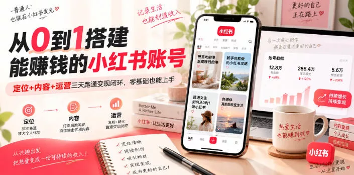 从0到1搭建能賺钱的小红书账号,定位+内容+运营三天跑通变现闭环祝你网--专注互联网创业.信息差副业研究拒绝割韭菜祝你网