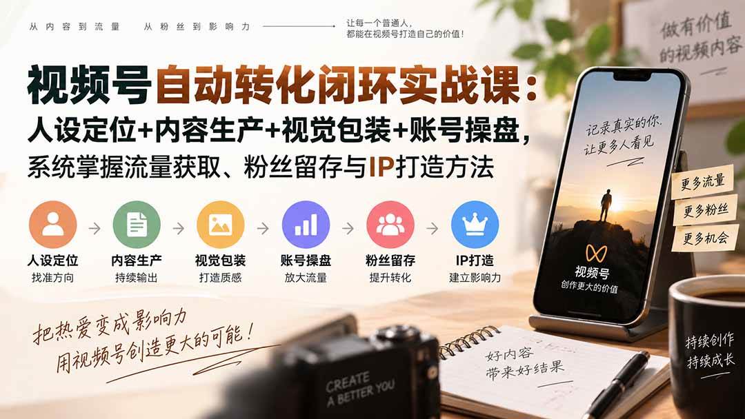 (20327期)视频号自动转化闭环实战课:人设定位+内容生产+视觉包装+账号操盘,系统掌握流量获取、粉丝留存与IP打造方法祝你网--专注互联网创业.信息差副业研究拒绝割韭菜祝你网