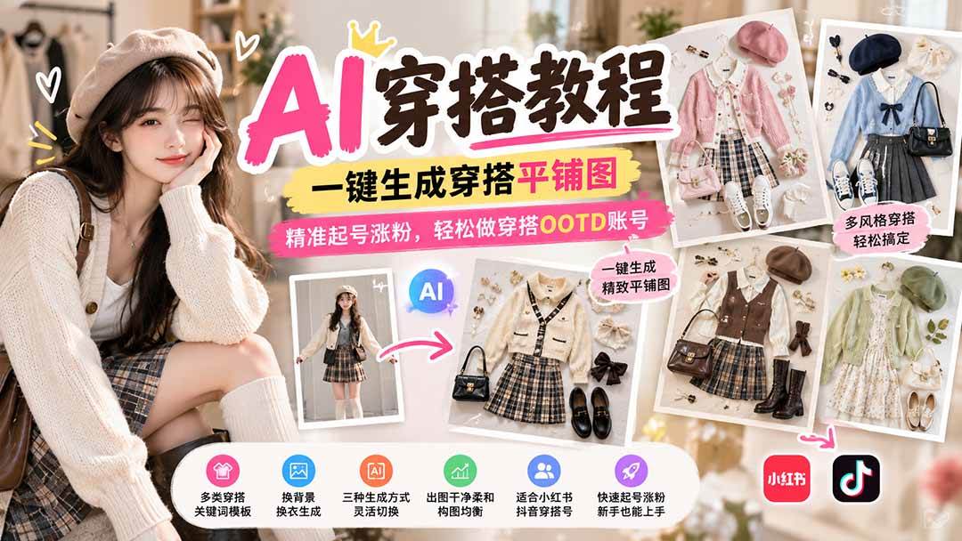 (21134期)【无水印】AI穿搭教程|一键生成穿搭平铺图,精准起号涨粉,轻松做穿搭OOTD账号祝你网--专注互联网创业.信息差副业研究拒绝割韭菜祝你网