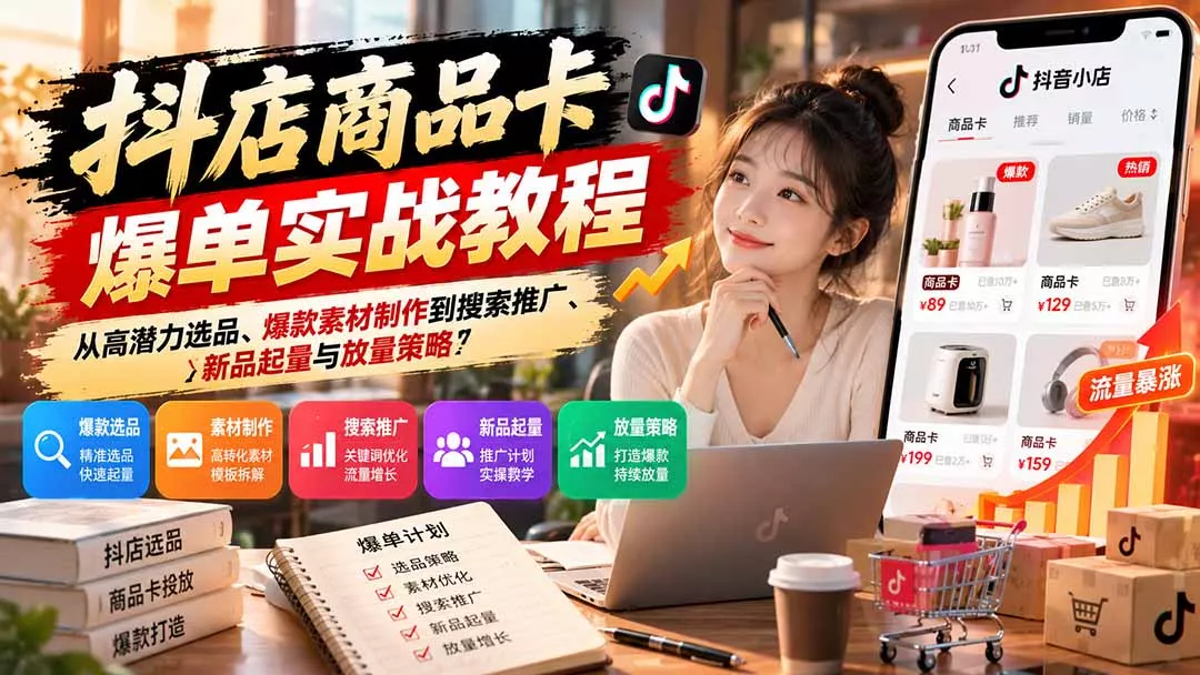抖店商品卡爆单实战教程:从高潜力选品、爆款素材制作到搜索推广、新品起量与放量策略祝你网--专注互联网创业.信息差副业研究拒绝割韭菜祝你网