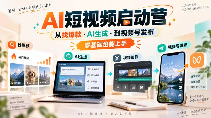 AI短视频启动营,从找爆款·AI生成·到视频号发布,零基础也能上手祝你网--专注互联网创业.信息差副业研究拒绝割韭菜祝你网