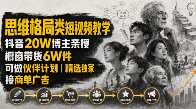 人性思维格局类短视频教学,抖音20W博主亲授,橱窗带货6W件,可做伙伴计划、精选独家、接商单广告祝你网--专注互联网创业.信息差副业研究拒绝割韭菜祝你网