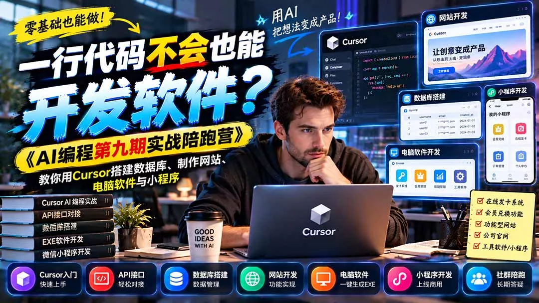 一行代码不会也能开发软件?《AI编程第九期实战陪跑营》教你用Cursor搭建数据库、制作网站、电脑软件与小程序祝你网--专注互联网创业.信息差副业研究拒绝割韭菜祝你网