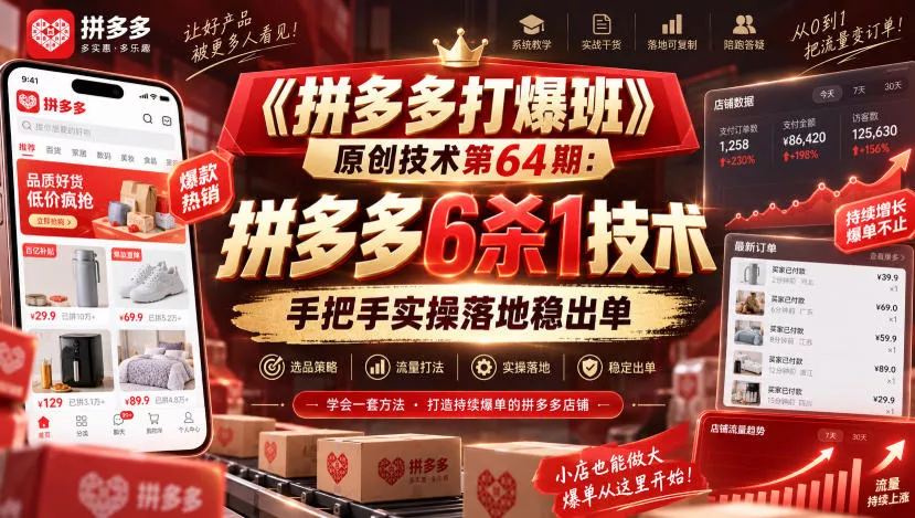 《拼多多打爆班》原创技术第64期:拼多多6杀1技术,手把手实操落地稳出单祝你网--专注互联网创业.信息差副业研究拒绝割韭菜祝你网