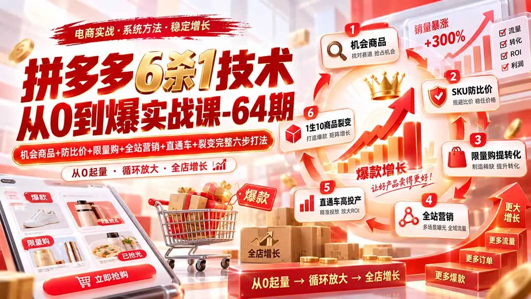 拼多多6杀1技术从0到爆实战课-64期:机会商品+防比价+限量购+全站营销+直通车+裂变完整六步打法祝你网--专注互联网创业.信息差副业研究拒绝割韭菜祝你网
